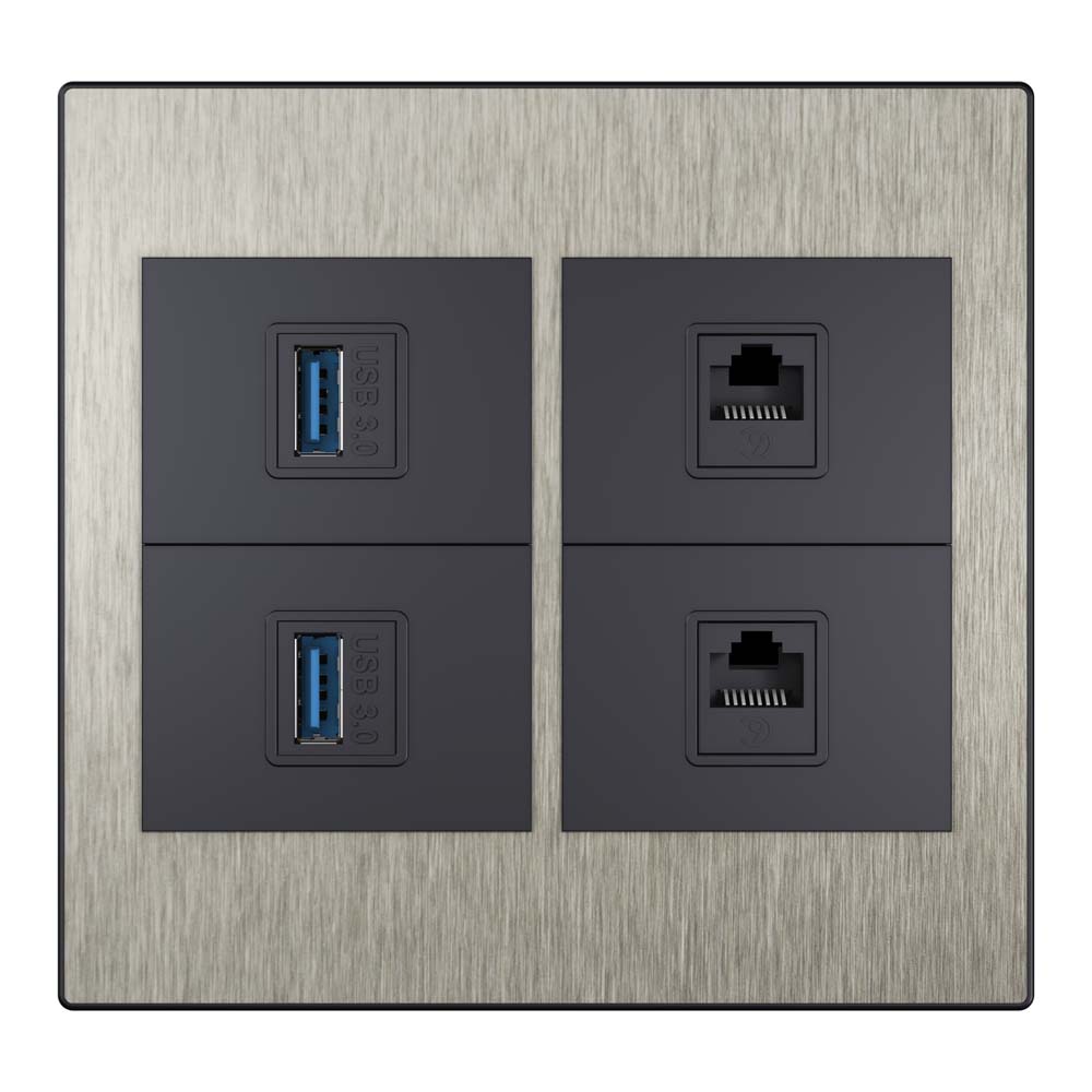 Steel 4×4 entrada USB dupla + entrada RJ45 dupla aço escovado