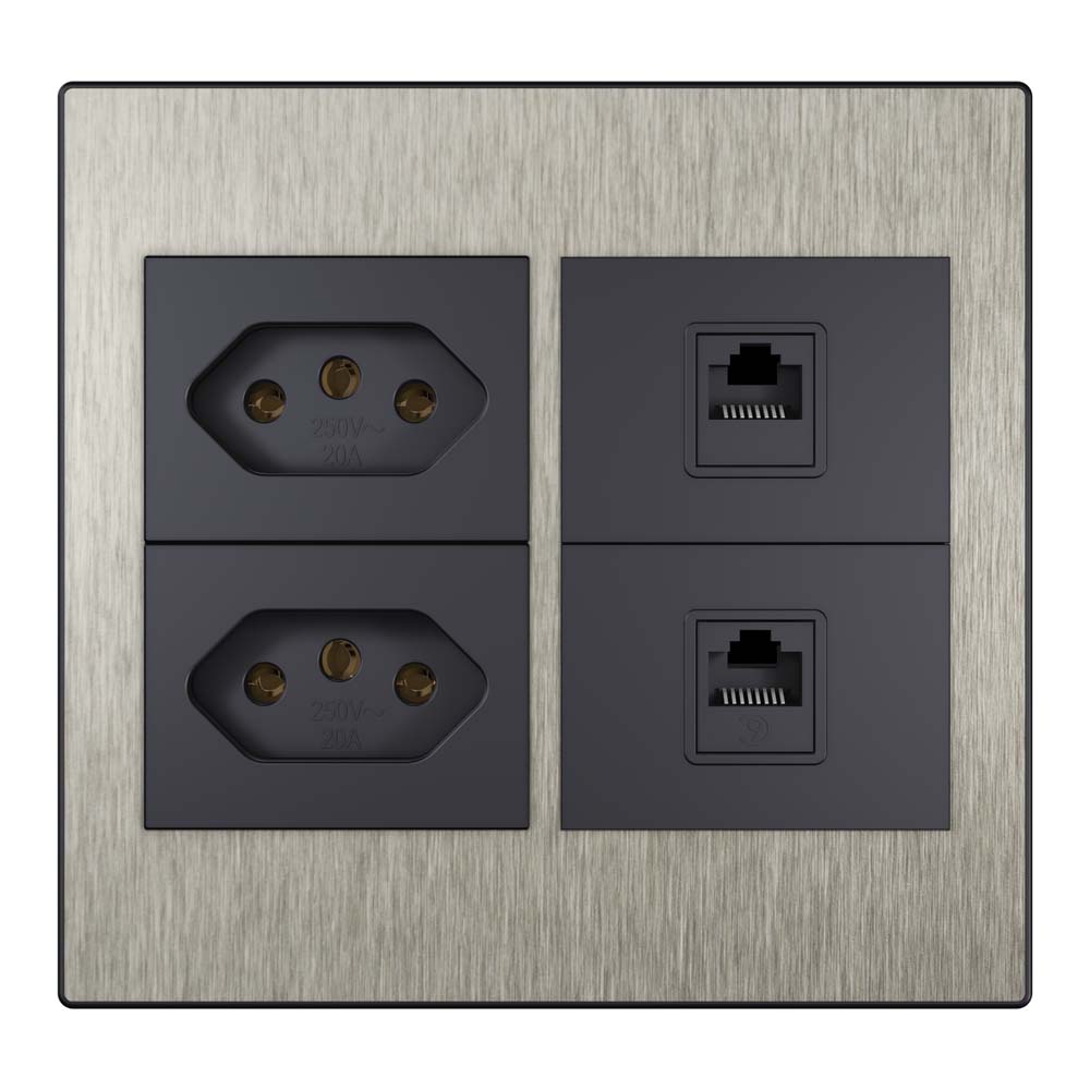 Steel 4×4 tomada dupla + entrada RJ45 + entrada RJ11 aço escovado